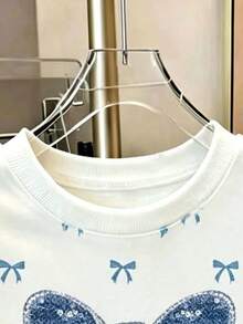 Tween Girl Bow Print Crew Neck Long Sleeve Sweatshirt - White - View 6