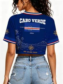 Women's V-Neck Short-Sleeve Crop Top Featuring Cabo Verde World Cup Theme With Flag Compass Rose Palm Trees And Nos Un Nos Forsa Text Perfect For Spor - Multicolor - View 3