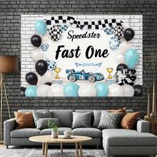 2D Flat, 1pc Background Banner, Racing Elements With " Fast One" Pattern, Party Decoration, Suitable For Indoor And Outdoor Racing Theme Celebrations, Photography Backdrop Selfie Wall Decor - View 4