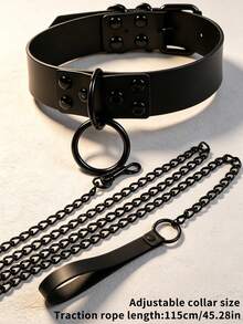 Dog Choker Pet Collar & Leash Set, Adjustable European & American Style Dark Personalized Exaggerated Leash Collar Neck Accessory Set, Leather Collar, Alloy Leash, Sturdy & Durable, Adjustable Collar Size - Black - View 3