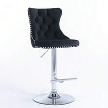 Swivel Bar Stools In Velvet, Adjustable Seat Height From 63.5 To 84 Cm, Base, With Comfortable Padded Backrest, Perfect For Home, Pub Or Kitchen Island. Set Of 2, DE1712GY, Grey. - Black - View 3