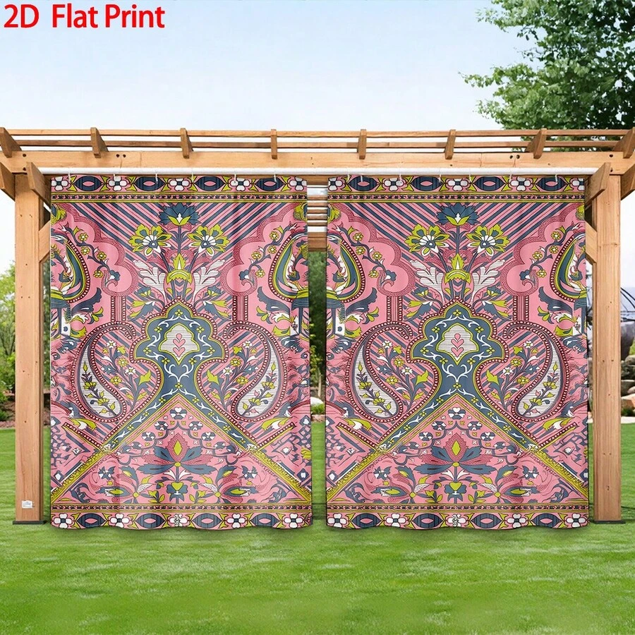 1PC/2pcs Outdoor Window Shade Including Hooks; Featuring A Vibrant Pink Bohemian Paisley Print; Machine Washable; Ideal For Gazebos, Patios And Gardens - Printing - View 1