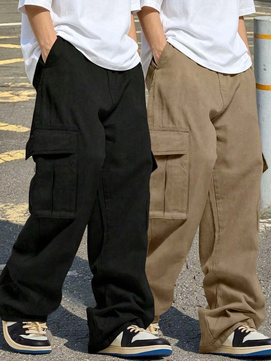 两件套休闲宽松工装裤,适合青少年男孩,带大口袋,适合运动和户外活动 - 黑色 - 查看 1