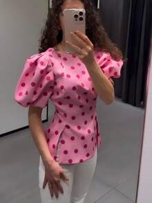 GMFP Pink Polka Dot Round Neck Puff Sleeve Waist-Cinching Cropped Backless Top, Date Independence Day World Cup Women's Outfit Summer - Pink - View 6