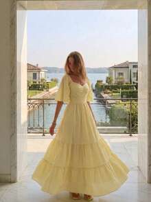 2026 Summer New Arrival French Elegant Dress, Yellow Bohemian Style Square Collar Short Sleeve Waist Flared Skirt, Minimalist Casual Vibe, Suitable For Vacation, Beach, Music Festival, Commute, Date, Leisure Wear - Yellow - View 3