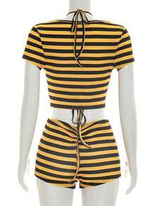 Sommer 4. Juli Damen Gelbes 3-teiliges gestreiftes Camisole Crop Top & Shorts Set, Urlaub Sexy Party Elegant - Gelb - Übersicht 10