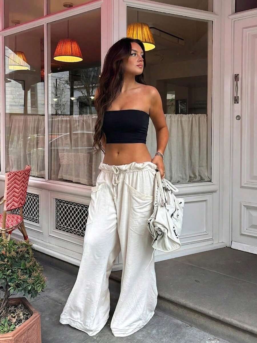 Top corto tipo tubo negro de verano para mujer, ropa de playa (sin tirantes) (incluye almohadillas para el pecho no extraíbles)