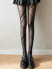 Women Criss Cross Sheer Tights, Geometric Pattern Pantyhose, Black Printed Stockings, Fashion Legwear For Party, Night Out & Daily Outfits - Multicolor - View 9