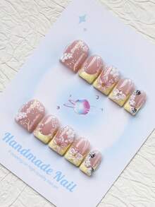 10PCS-Handmade Press On Nails, Square Shape, Fake Nails, Y2K Style, Sturdy, Reusable, Yellow, Paired With French Style, 3D Design, Suitable For Daily Wear, Parties, Vacations, And Also The Best Holiday Gift For Girls And Women. - Yellow - View 2