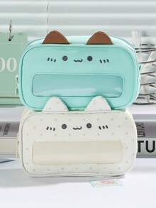 1pc Cute Mint Cat Ita Pencil Bag, Transparent Visible Front Pocket, 3D Cat Ear Design, Large Capacity Girly Stationery Pouch, Ideal For Students, Handcraft Lovers And Daily Stationery Storage,Back To School - Pencil Case - View 7