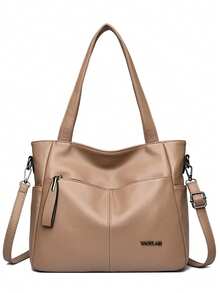 Authentic Brand Soft PU Leather Handbag Women's Luxury Designer Shoulder Crossbody Tote Bag - Khaki - View 3
