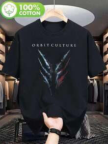Graphic TeesMen's Heavyweight 180gsm Orbit Culture T-Shirt - Black With Blue & Red WingOrbit Print & White Logo - Soft Round Neck Streetwear Tee Suita - Negro - Ver 1