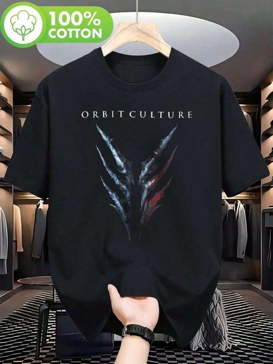 Graphic TeesMen's Heavyweight 180gsm Orbit Culture T-Shirt - Black With Blue & Red WingOrbit Print & White Logo - Soft Round Neck Streetwear Tee Suita - Negro - Ver 1