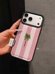 1pc Premium Fashion Minimalist Pink Striped Patchwork Coconut Tree Pattern Leather Phone Case, Full Coverage Shockproof Soft Shell With Large Hole, Suitable For Samsung/Apple 17 Pro Max/11/12/13/14/15/16 Pro Max/17 And Other Models, Holiday Gift - Multicolor - View 1