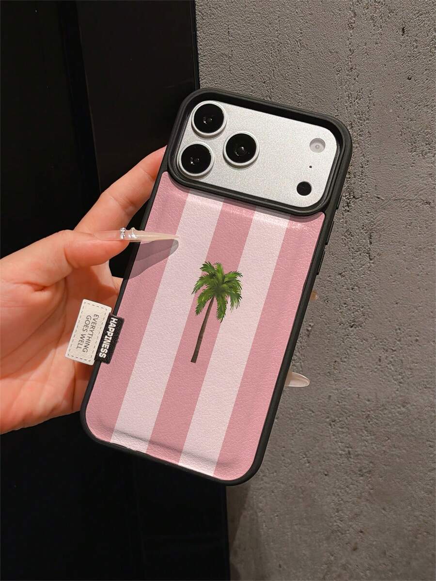 1pc Premium Fashion Minimalist Pink Striped Patchwork Coconut Tree Pattern Leather Phone Case, Full Coverage Shockproof Soft Shell With Large Hole, Suitable For Samsung/Apple 17 Pro Max/11/12/13/14/15/16 Pro Max/17 And Other Models, Holiday Gift - Multicolor - View 1