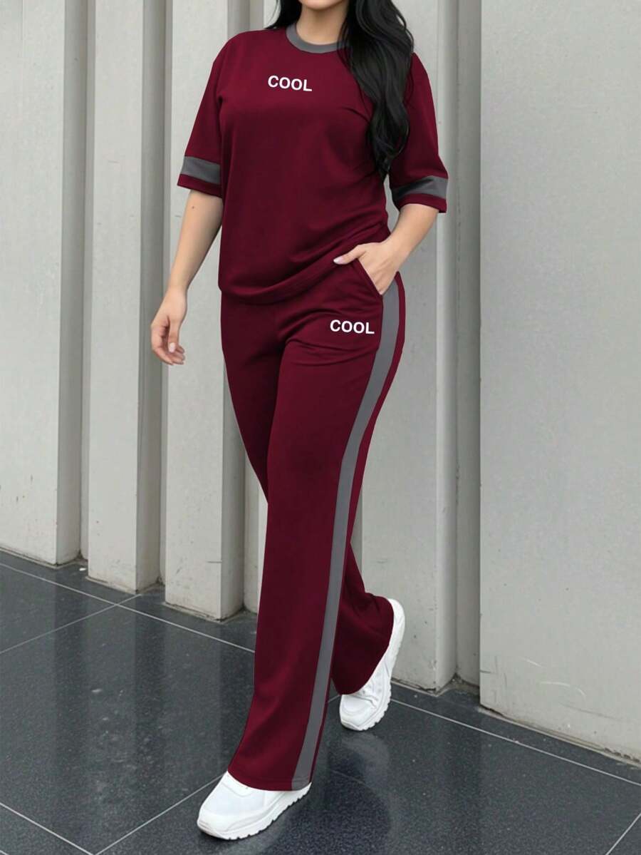 女款春夏秋新款圓領短袖T恤與休閒日常彈性腰鬆身長褲兩件套 - 酒紅色199 - 查看 1