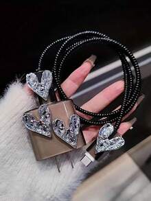 5pcs 3D Silver/Black Heart Design Charger Soft Shell Protective Case Suitable For IPhone 18/20W, Compatible With IPhone 16/16 Pro Max/15/14/13 Charger And Data Cable Protective Set - Transparent Black - View 12