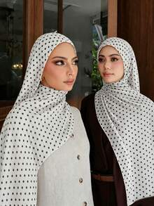 1pc Women's Casual Elegant Chiffon Polka Dot Scarf/Headscarf/Headband, French Luxury Abaya Accessory, Suitable For Daily Wear And Party - Multicolor - White Background With Small Polka Dots - View 4