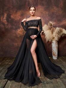 Faeriesty 2pcs Maternity Dress Set, Including Off-Shoulder Lace Top And Sheer Skirt With High Slit Black - Black - View 6