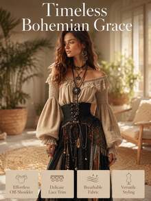 Vintage Off Shoulder Lace Trim Blouse, Pleated Front Balloon Long Sleeve Top With Ruffled Cuffs, Gothic Boho Women Casual Long Sleeve Shirt - 杏色 - 查看 2