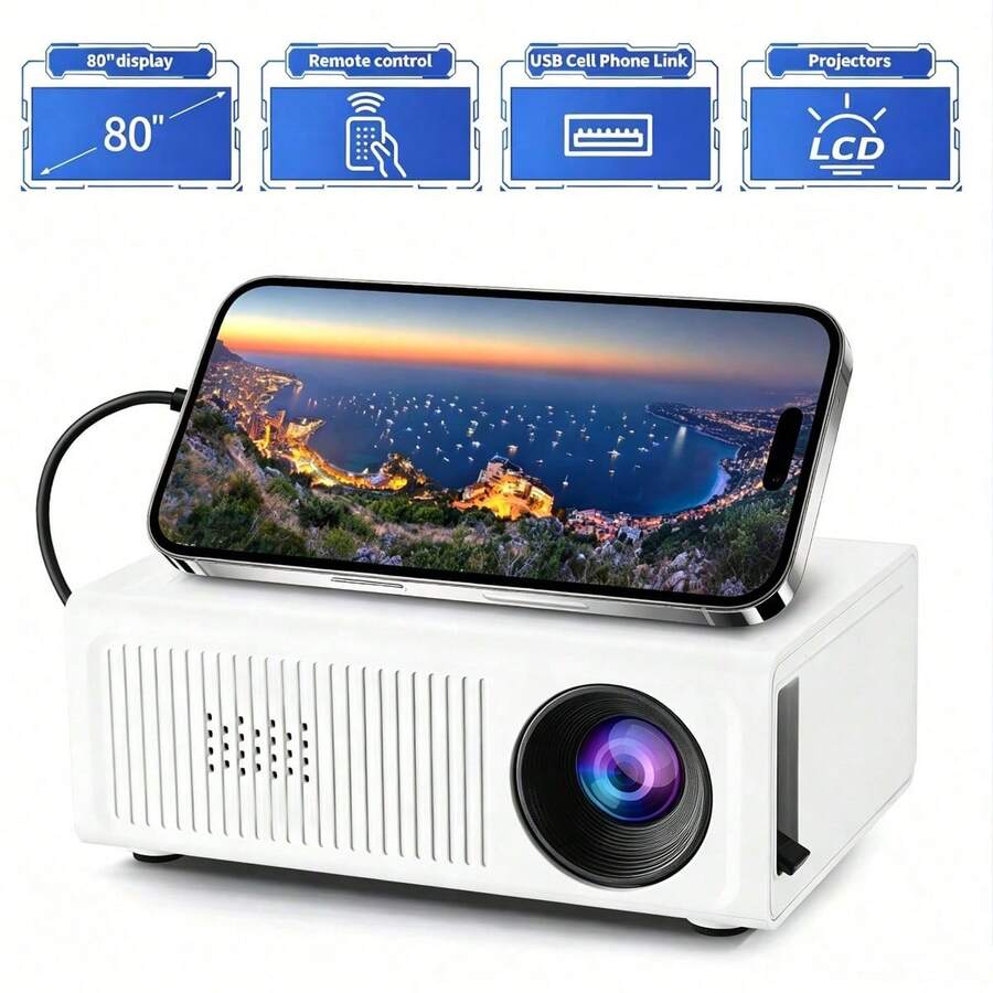 便攜式迷你 Full HD 有線投影機，僅支援有線連接，無 WiFi 無藍牙，內建喇叭與遙控器，可搭配手機與平板使用，多國插頭 EU/UK/US/AU，適合家庭劇院、辦公室、宿舍、旅行的小型電影投影機