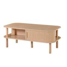 Couchtisch aus hellem Holz, 110*55*45 cm, aus MDF, Wohnzimmertisch mit Rolltür, offenen Fächern zur Aufbewahrung, Tragfähigkeit bis zu 60 kg, skandinavischer Couchtisch, Beistelltisch neben dem Sofa, Couchtisch. - Natürliche Farbe - Übersicht 6