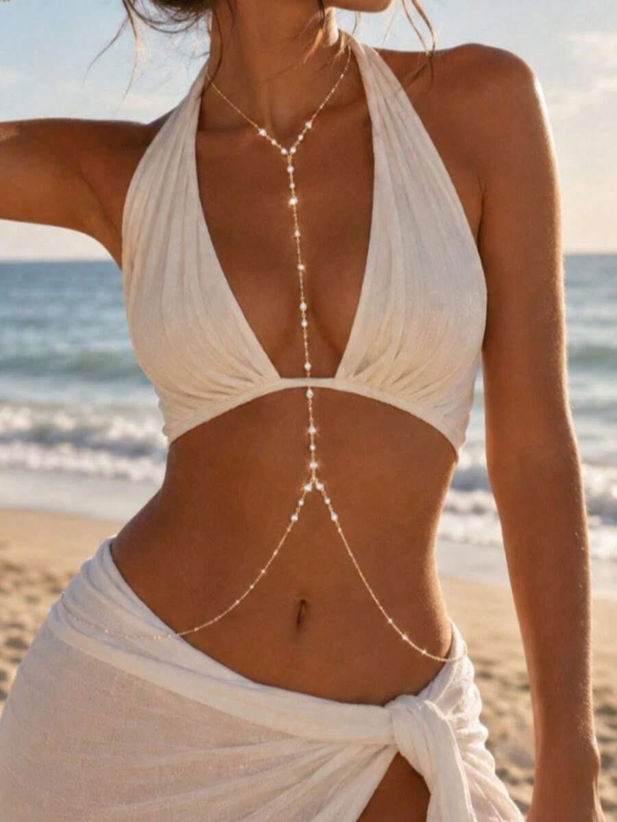 1pc Summer Beach Vacation Sexy Chest Chain European & American Fashion Bikini Rhinestone Body Chain - Rhinestones - View 1