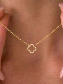 1pc Sterling Silver Four-Leaf Clover Hollow Zirconia Inlay Pendant Necklace, Delicate Minimalist Design, Versatile Choker Necklace, Refreshing For All Seasons Valentines - Necklace - View 10