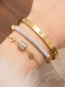 Juego de 3/1 piezas de pulseras de acero inoxidable chapadas en oro de 18K de lujo, pulsera con cruz y números romanos totalmente incrustada de strass & pulsera exquisita con números romanos, apilables - Dorado - Ver 2