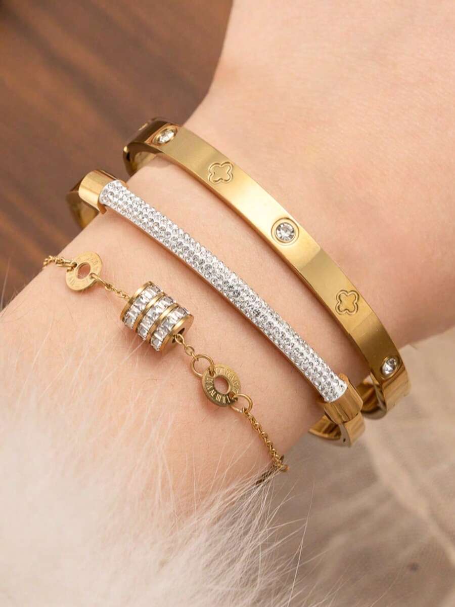 Juego de 3/1 piezas de pulseras de acero inoxidable chapadas en oro de 18K de lujo, pulsera con cruz y números romanos totalmente incrustada de strass & pulsera exquisita con números romanos, apilables