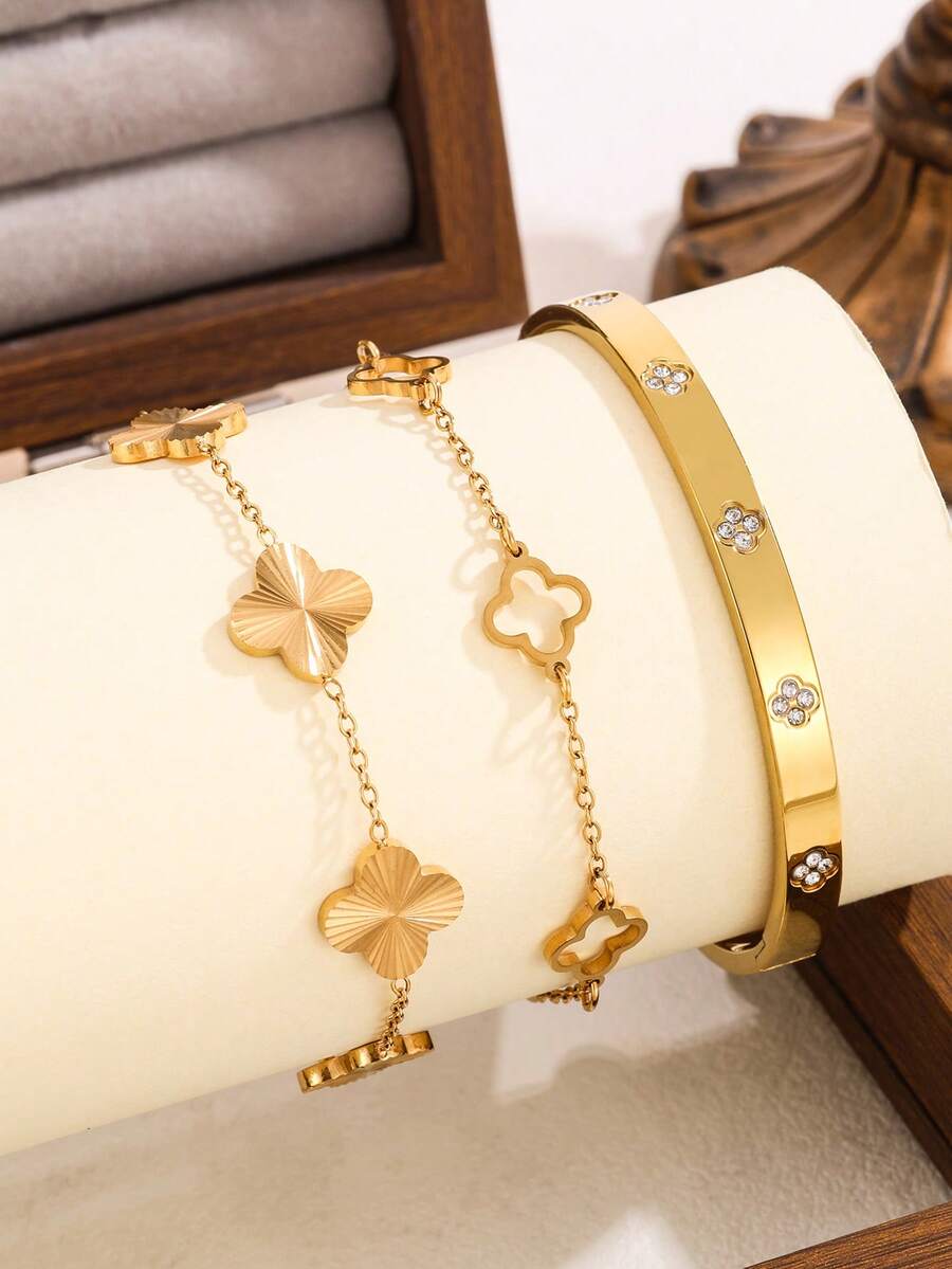 3pcs/1pc Fashion Stainless Steel Jewelry Set, Clover Design, Suitable For Women's Commute Or Daily Wear, Perfect Gift For Friends - Golden 1 - View 1