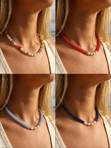 1 pieza Collar de cuentas de piedra natural geométrica redonda plana estilo bohemio europeo & americano con perla de agua dulce, accesorios de acero inoxidable, para mujeres, verano playa vacaciones - Collar de perlas y cuentas hecho a mano - Ver 2