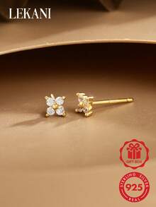 LEKANI 1 Pair S925 Sterling Silver Earrings, Fashionable & Popular Delicate Geometric Flower & Four-Leaf Clover Design, Jewelry Gift For Women, Suitable For Daily Wear - Gold - View 1