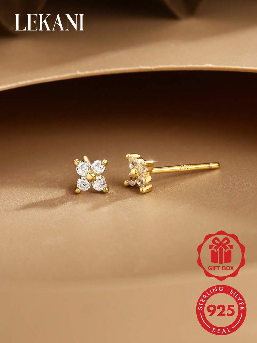 LEKANI 1 Pair S925 Sterling Silver Earrings, Fashionable & Popular Delicate Geometric Flower & Four-Leaf Clover Design, Jewelry Gift For Women, Suitable For Daily Wear - Gold - View 1