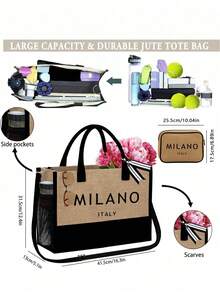 女款「MILANO」藝術字母圖案沙灘托特包套組，時尚可折疊沙灘包，適合游泳與海邊旅行，亦可作為女款單肩包、超市購物袋或多功能收納袋，芭蕾風通勤手提包，適合送給女性、母親、老師、朋友、伴娘、學生，開學季禮物 - 彩色 - 查看 9