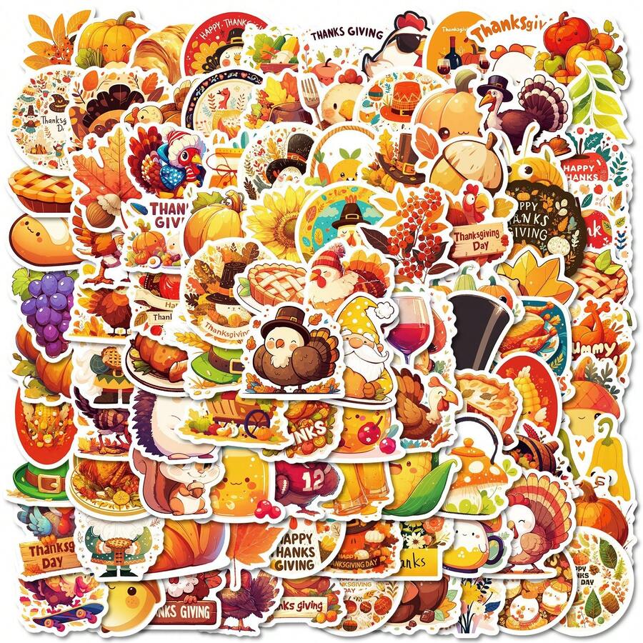 TOOUEE 50-100pcs Thanksgiving Day Turkey Theme Stickers, Cute Design Stickers Pack ,Cartoon Decals Sticker For Laptop, Water Bottles, Phone, Scrapbooking, Luggage,Guitar -Creative Decoration Stickers Durable Party Favors, Thanksgiving Day Decorations - View 1