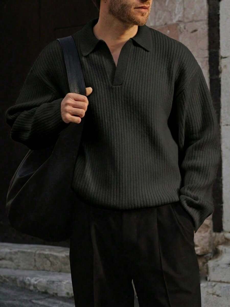 Men's Ribbed Knit Polo Neck Sweater, Casual Loose Fit Pullover, Suitable For Autumn And Winter, Long Sleeve Top - Black - View 1