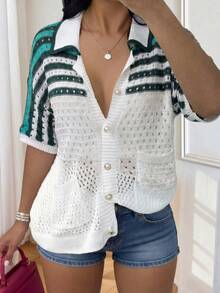 Cárdigan de punto de manga corta con botones al frente, ajustado, de patrón de rayas, versátil y casual para mujer en verano - Multicolor - Ver 7