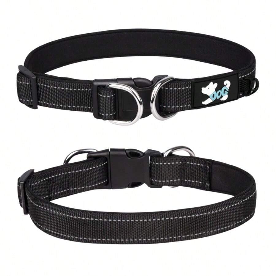 Reflective Pet Collar | Neoprene Comfortable Lining . Double D-Ring Durable | Adjustable For Small To Medium Dogs & Cats . Indoor & Outdoor Use, Non-Choking Pet Leash Optional - Black - View 1
