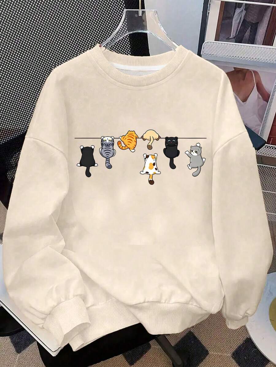 Teen Girls Cartoon Cat Print Crew Neck Loose Pullover Sweater Cute Top Y2K Preppy Style Girl's Clothing - Apricot - View 1