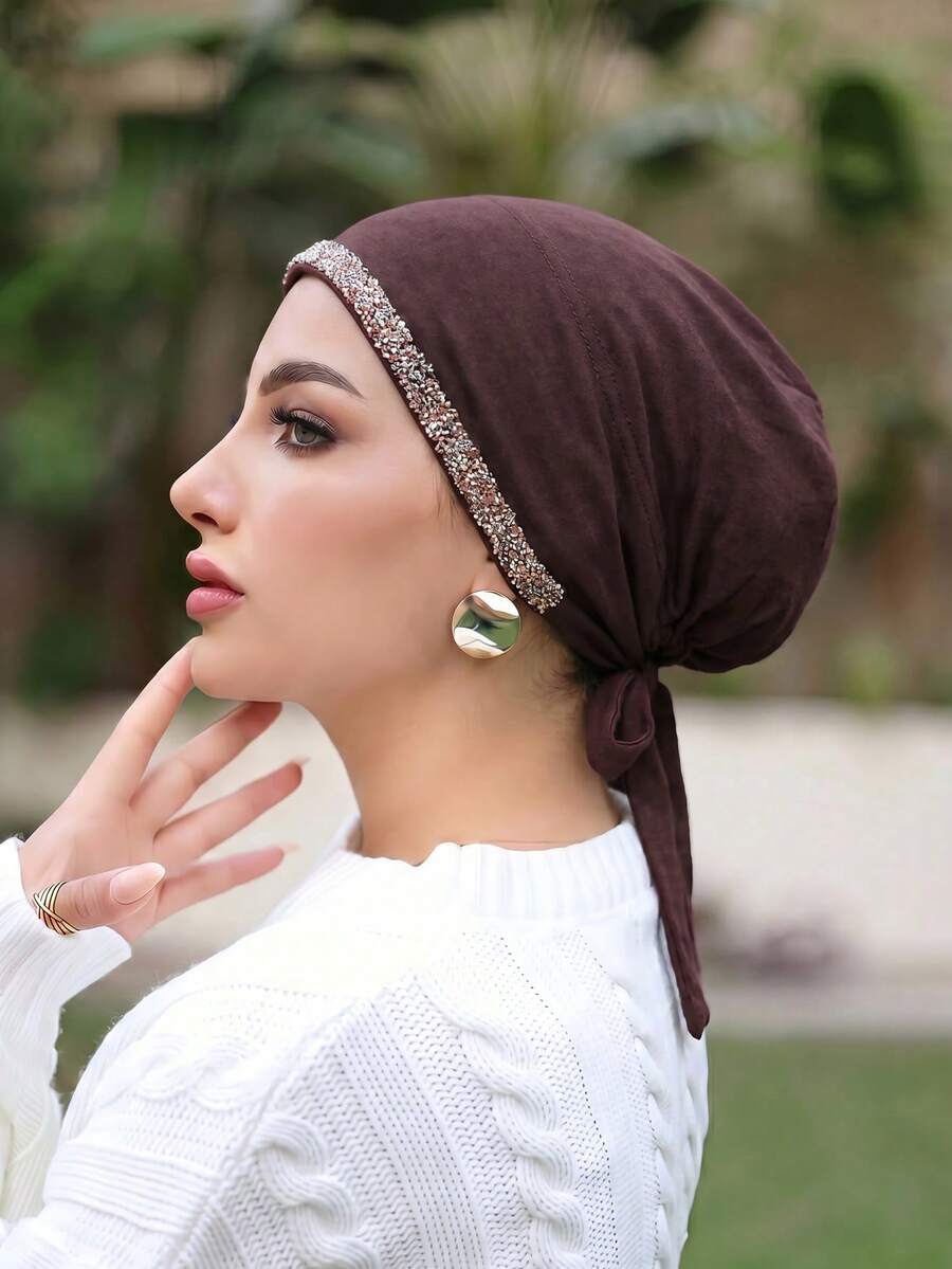1PC Women's Fashion Solid Color Rhinestone Muslim Tie-Up Hat, Versatile Scarf Headwrap Underscarf, Suitable For Daily Wear