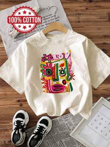 T-shirt Abstraktes Maskenkunst, 100% coton, manches courtes, col rond, été/printemps - Nude - Voir 1