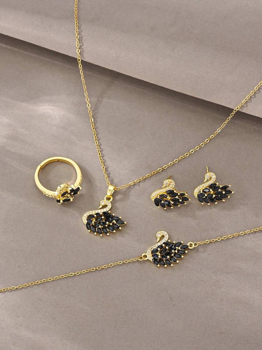 Pendientes de oro de 18K, collar de circonita de cobre, pulsera de múltiples capas enlazadas, conjunto elegante y lujoso, adecuado para uso diario, citas, fiestas y regalos - Dorado - Ver 1