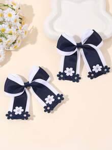 2pcs Back To School Girls Navy Blue & White Floral Hair Clips, Casual Fabric Flower Bow Hair Accessories - Multicolor - View 3