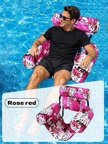 Tropical Leaf Print Inflatable Pool Floating Chair, Mesh Water Hammock Lounger With Headrest & Armrests, Portable Adult Pool Float For Summer Beach Lake Pool Party Sunbathing - A - View 11