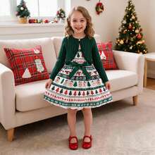 Girls Christmas Outfit Ruffle Hem Jacket Paired With Sleeveless Snowman & Christmas Tree Print Dress, Elegant Girls 2 Pieces Holiday Party Wear - Green - View 11