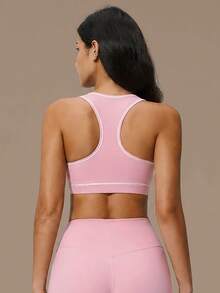 Women's High Support Sports Bra U Neck Racerback Contrast Stitching Brushed Fabric Removable Padded Workout Sets Yoga Gym Running Athletic Activewear - Pink - View 5