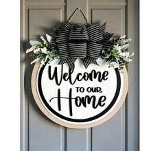 Charming Front Door Decor, 1pc 2D Flat Welcome Sign Door Hanger - Round Wooden Hanging Plaque With Faux Greenery Accents, Front Door Wreath, Welcome Home, Front Door Sign, Front Door Hanging Decor, All-Season Wooden Wreath, Housewarming Gift - White Welcome Wreath - View 3