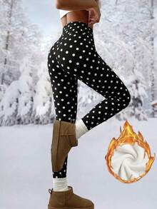 Leggings d'hiver à pois doublés de thermique chauds pour femmes, bas pour femmes, leggings pour femmes, vacances - Noir et Blanc - Voir 4