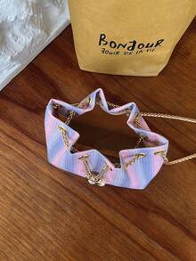 Mini New Fashion Straw Woven Gold Chain Drawstring Bucket Bag Beach Bag - Purple - View 4